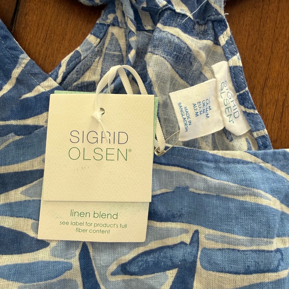 Sigrid Olsen Linen Blend Maxi Dress Blue White Tropical Palm Print Medium NWT - Picture 4 of 6